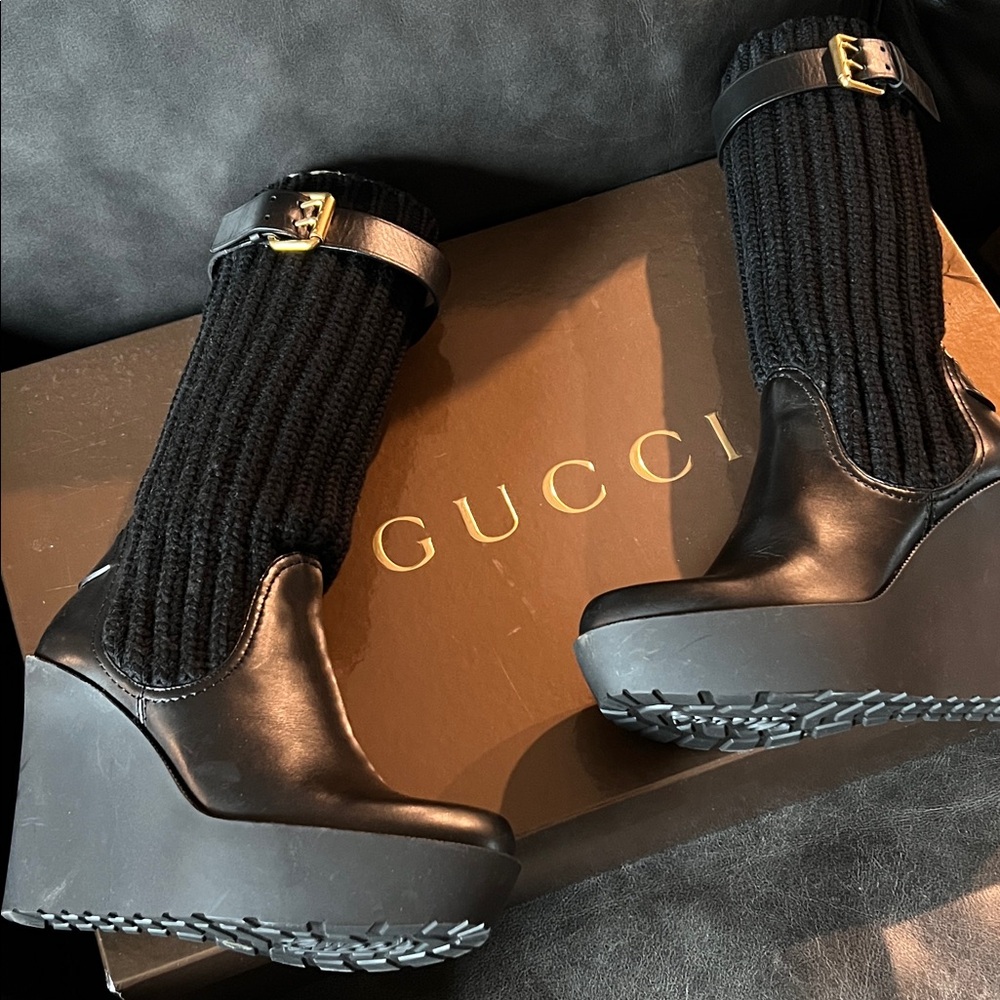 Gucci Black Knit Wedge Boots